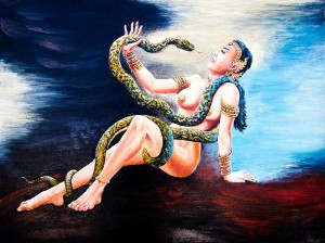 Painting depicting a snake draped around a naked woman wearing Oriental jewellery